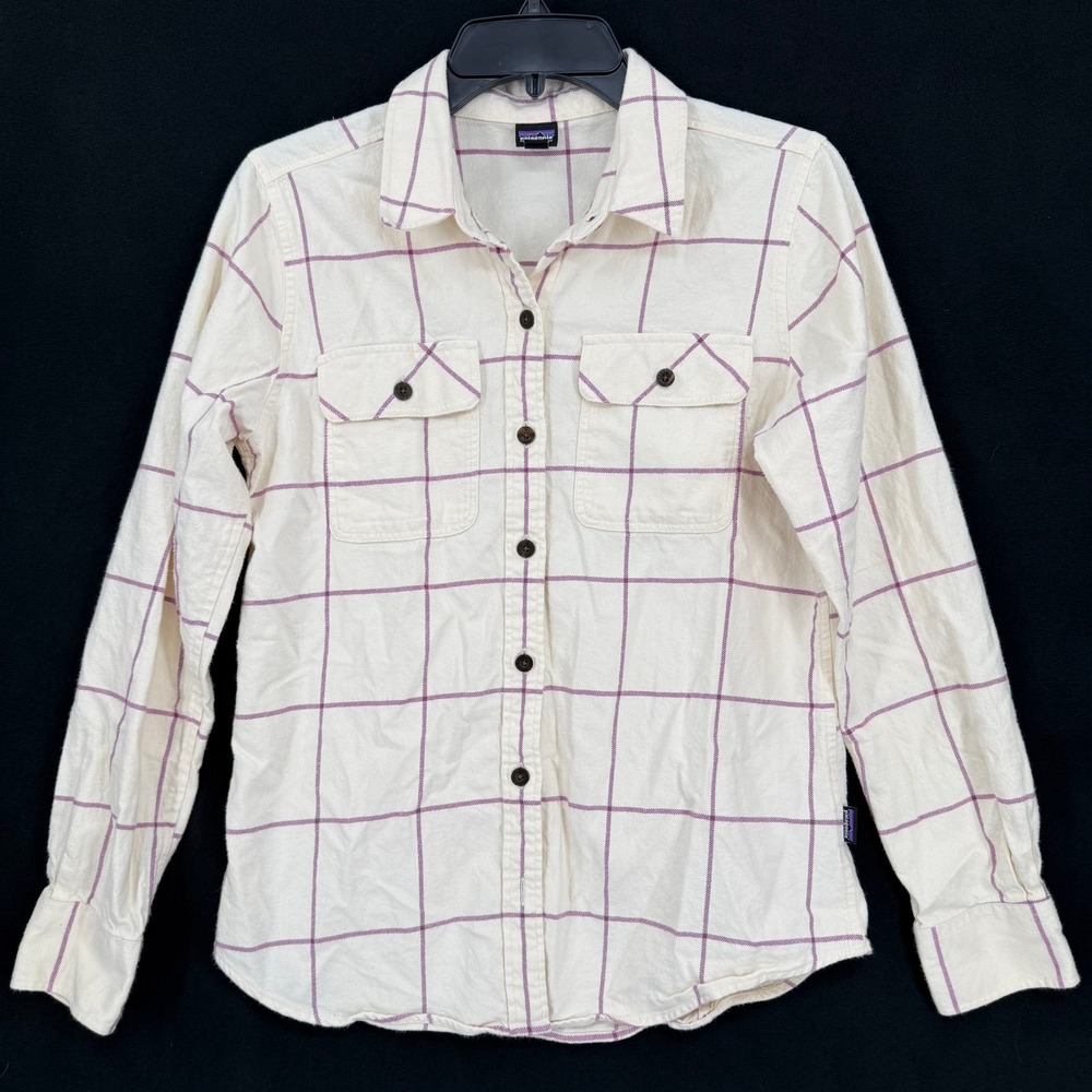 Patagonia Womens Fjord‎ Flannel Shirt Cream Purple Windowpane Organic Cotton